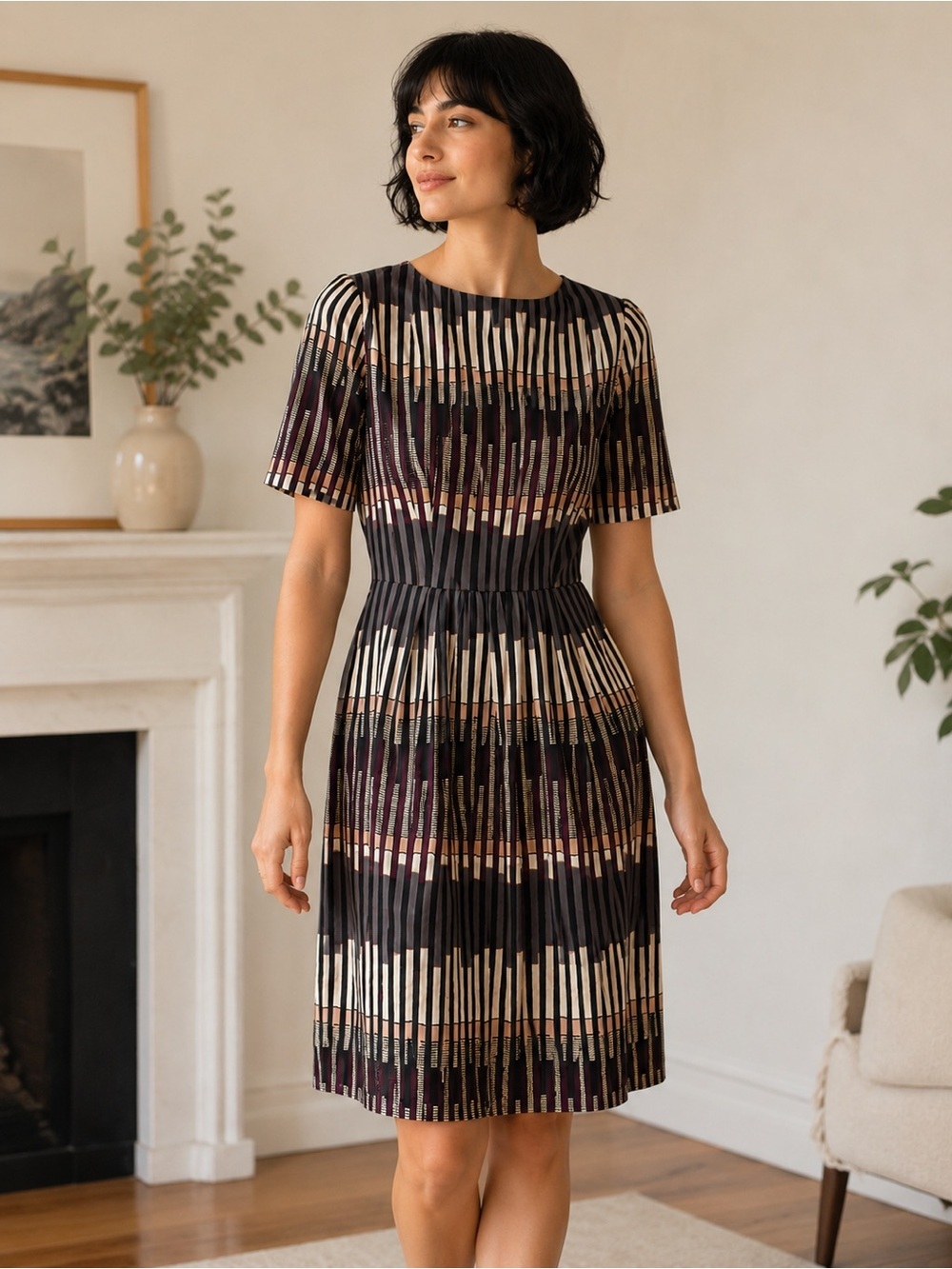 LK Bennett London 100% Silk Striped Midi Dress – UK 6 / US 2
